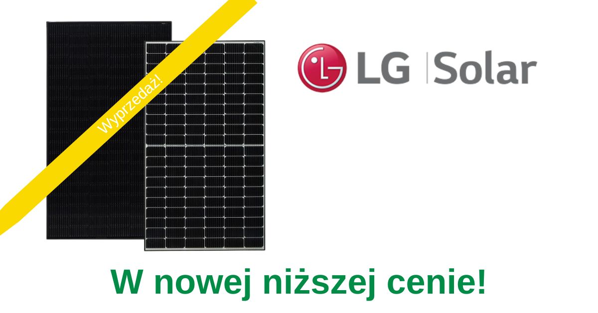 Dwa moduły fotowoltaiczne marki LG z informacją o nowej niższej cenie