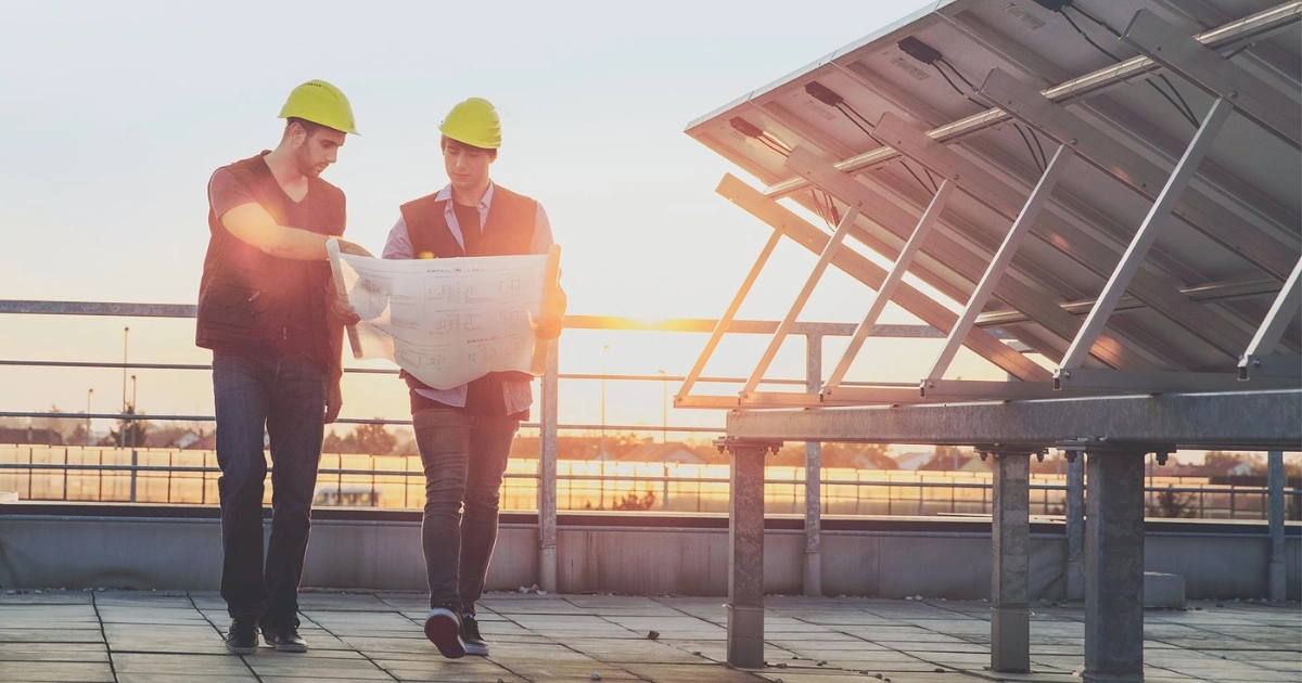 Dwóch mężczyzn, którzy dyskutują nad projektem instalacji PV